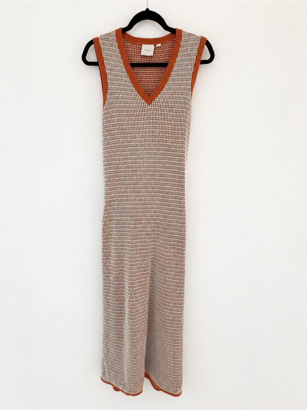 Varley Sleeveless V-Neck Maxi Dress in Cream with Rust Trim